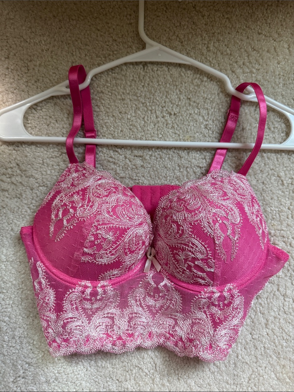 Pink Lace Longline Bra with Contrast White Lace Embroidery